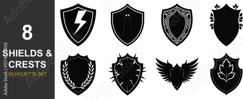 Collection of heraldic shields and crests in silhouette style
