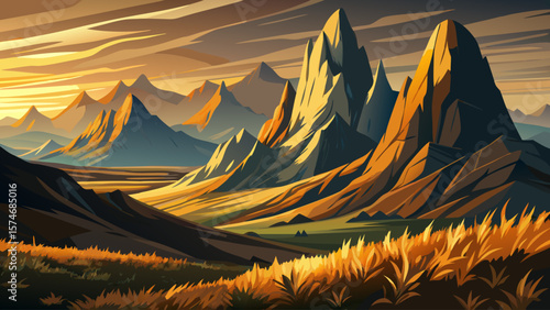 Drakensberg Mountains, South Africa – Jagged peaks and ridges rise above grassy foothills. Golden light drapes the majestic escarpment in serenity.