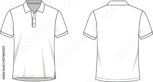 Cad drawing flat vector illustration, polo shirt template front and back view, fashion sketch, apparel design, garment outline, clothing mockup