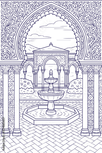 Moorish courtyard with fountain in line art illustration