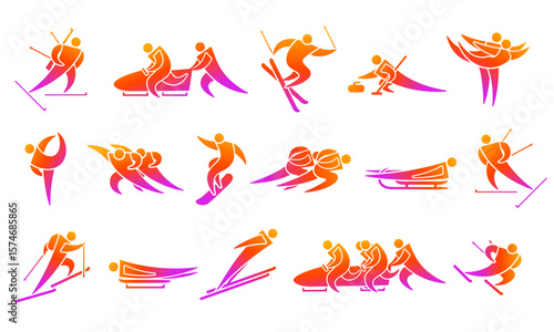 Winter sport colorful icon set, sportsmans in moving poses of gradient orange purple color isolated on white. Biathlon, bobsled, curling, skating, skiing and snowboard athletes. Vector and png sign.