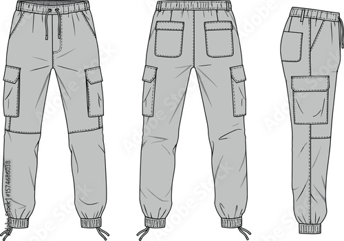 Cargo pants fashion sketch, technical drawing, CAD flat vector, front view, back view, side view, garment design, detailed illustration