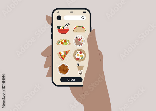 A hand holds a smartphone showcasing a delicious selection of fast food options, featuring tempting chicken wings, pizza, ramen, tacos, and other food ready for a tasty meal to be ordered