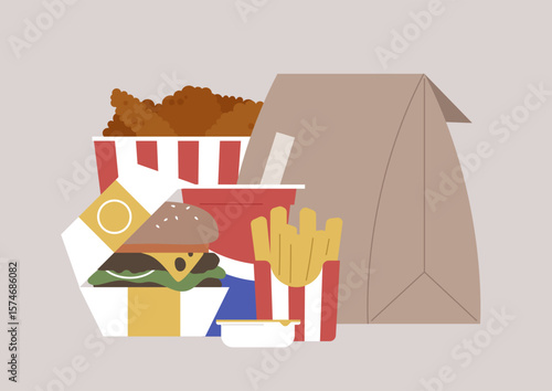 A tempting bucket of golden chicken wings sits alongside crispy fries and a juicy burger within a vibrant fast food setting, perfect for a cheat meal dining