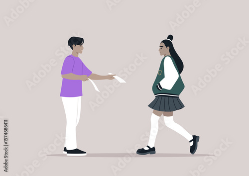 Two young individuals interact as one hands a flyer promoting volunteer opportunities in their local community, encouraging a student to join the cause and make a difference