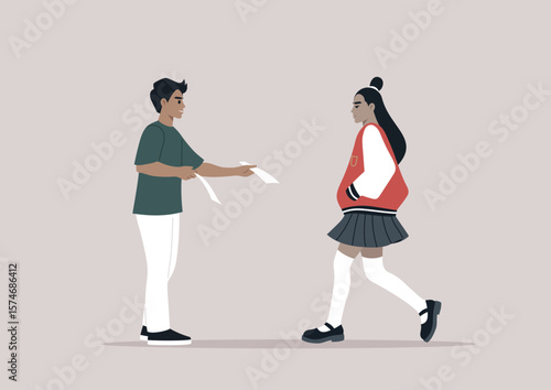 Two young individuals interact as one hands a flyer promoting volunteer opportunities in their local community, encouraging a student to join the cause and make a difference