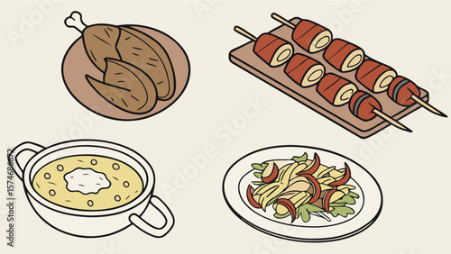 A vector set illustration of isolated hot dogs, burgers, and other snack food items with buns and bread