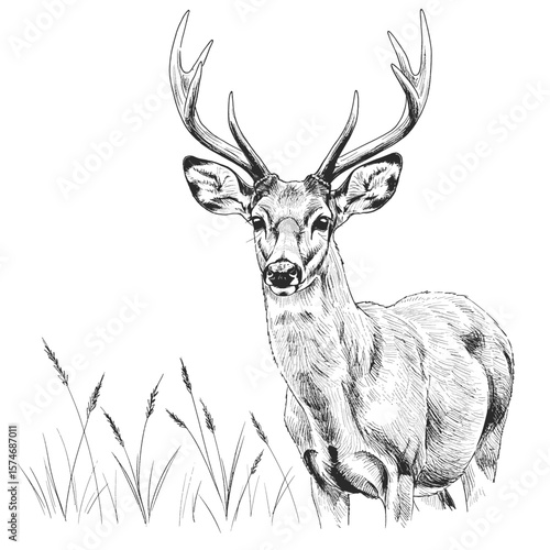  Elk – Cervus canadensis. A hand-sketched deer figure with large antlers standing on a grassy field. The illustration captures texture and shading on a white background, representing forest wildlife