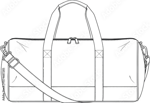 Stylish duffel bag CAD drawing, flat vector illustration showcasing modern travel accessory design, perfect for fashion, gym, luggage, and apparel