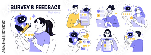 Review set. Characters use artificial intelligence to fill survey form, give feedback, customer evaluation rating. User experience concept. Vector illustration.
