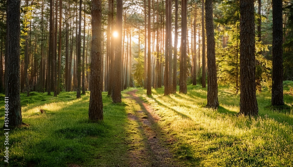 Fototapeta premium sunlit forest path with green foliage and tree shadows in natural light