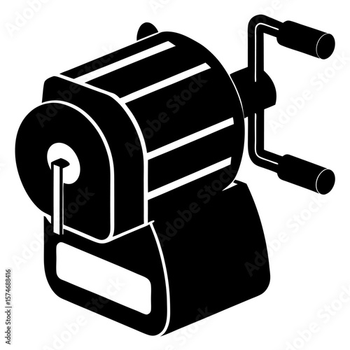 Simple black silhouette of a classic manual pencil sharpener isolated on white background