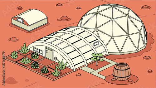 Isometric view of a martian colony with domes, greenhouses, plants and a barrel on a red planet