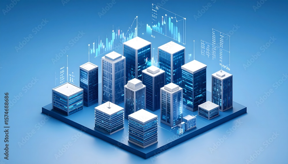 Fototapeta premium 3D isometric city skyline with stock market data visualizations hovering above skyscrapers. Open sky area left clean for overlay text or marketing use.