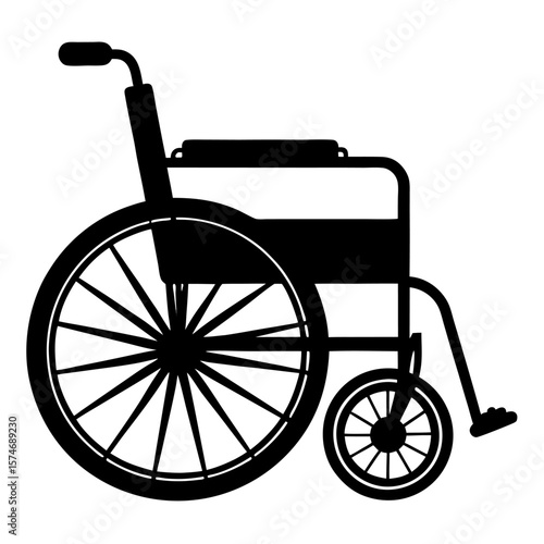 Black silhouette of a modern wheelchair with realistic spokes and wheels symbolizing accessibility and mobility