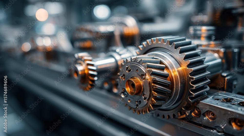 Fototapeta premium High quality photo of close-up of a powerful motor with exposed cogwheels and metal gears working together seamlessly in a factory setting.
