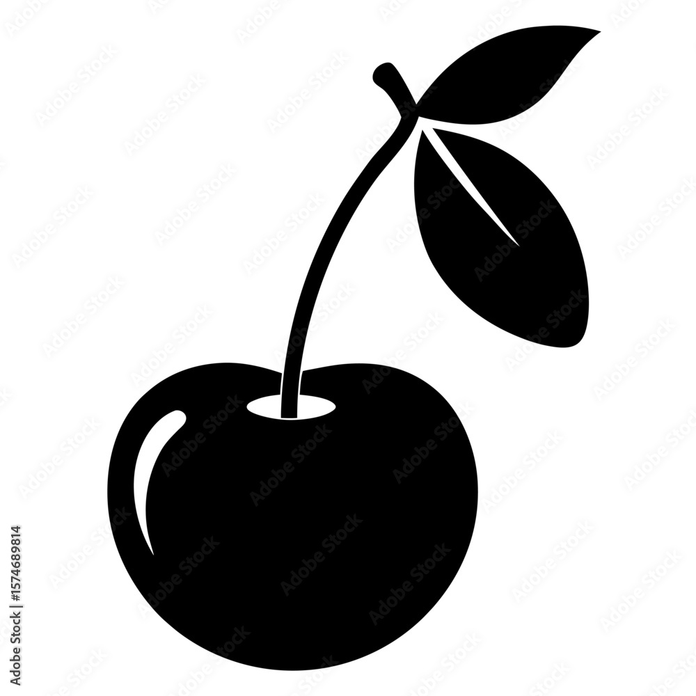 Obraz premium Simple black silhouette of a ripe cherry with a stem on a white background