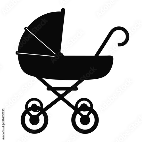 Simple black silhouette of a modern baby stroller for transportation and travel