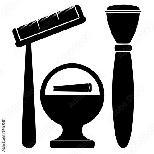 Classic black silhouette of a vintage shaving kit with grooming accessories