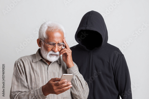 An elderly Indian person facing a confusing situation with a scammer — communication, call center, scam.
