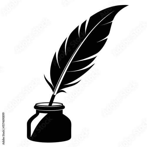 Classic black silhouette of a feather quill pen dipping into an inkwell for writing or calligraphy