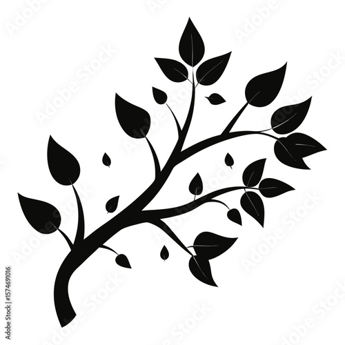 Elegant black silhouette of a deciduous tree branch with detailed leaves perfect for nature themed designs