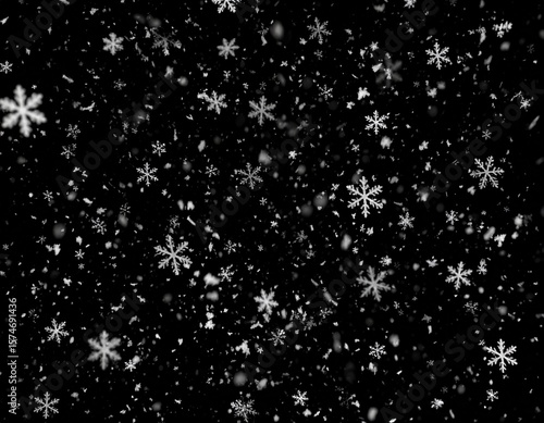 黒背景にたくさんの雪の結晶が降っているシームレスな風景