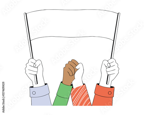 Hands united in solidarity, holding a blank flag for a protest or demonstration