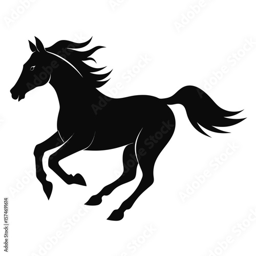 Dynamic black silhouette of a powerful horse in full gallop captured in motion