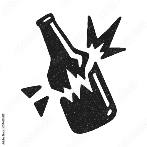 Broken bottle in monochrome vintage-style illustration. Perfect for alternative graphic design, warning themes, or urban culture.  