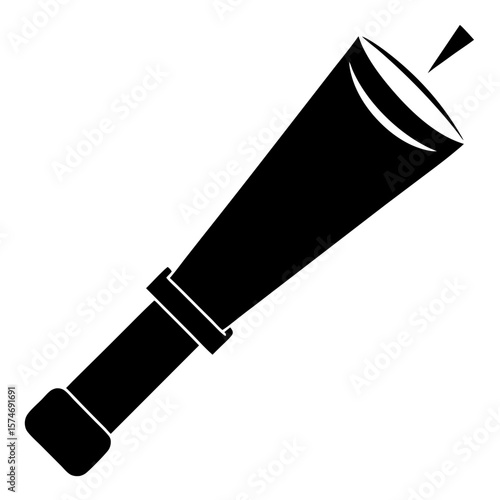 Black silhouette of a flashlight emitting a bright beam of light isolated on white background