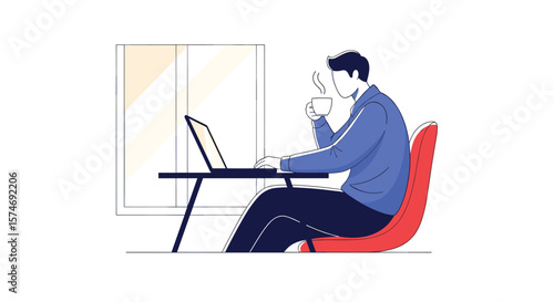 Young man working remotely on his laptop and drinking coffee by the window during the day