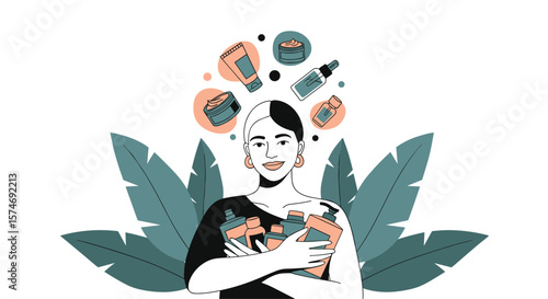 A person holds many skincare products thinking about beauty treatments and self care routines for healthy glowing skin