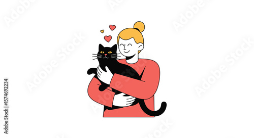 Illustration of a person holding a black cat with hearts floating around their heads representing love and affection for pets