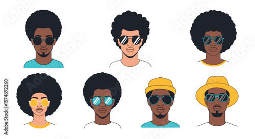 Collection of stylized portraits of diverse people with afro hair and sunglasses showcasing various fashion styles and expressions
