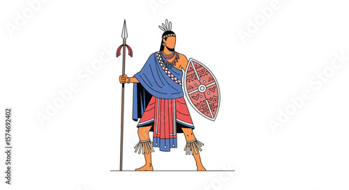 Indigenous warrior standing proudly with spear and shield demonstrating strength and resilience