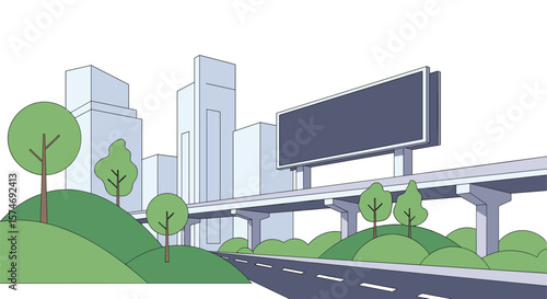Urban landscape with elevated highway and billboard featuring city skyline and green hills