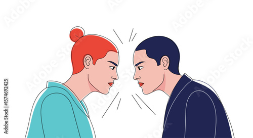 Two people stare intensely at each other their foreheads almost touching in a conceptual illustration of conflict and confrontation