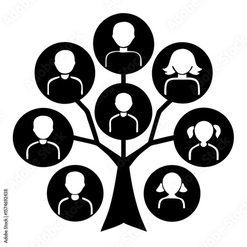 Illustrative family tree with eight interconnected portraits in a family tree layout. Family tree diagram displays genealogy and ancestral connections, showing lineage and heritage.
