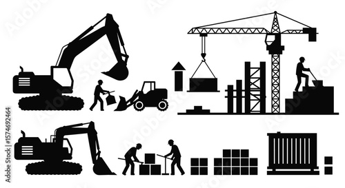 Construction site activity with heavy machinery and workers in silhouette design