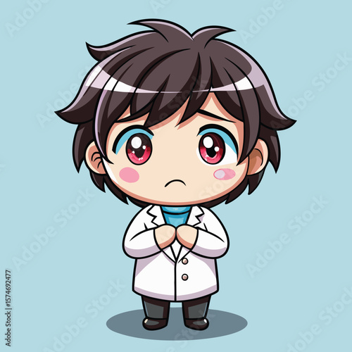 Cartoon anime-style character, a young boy wearing a lab coat, with a sad expression