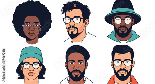 A diverse collection of six stylized character portraits showcasing various ethnicities and fashion styles representing modern individuality and expression