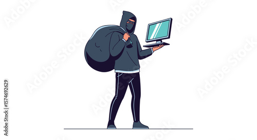 Cybercriminal wearing a hoodie and mask stealing a computer monitor and carrying a sack of loot representing digital theft and data breach