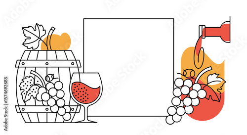Celebratory wine gathering featuring grapes and oak barrels for festive occasions and celebrations