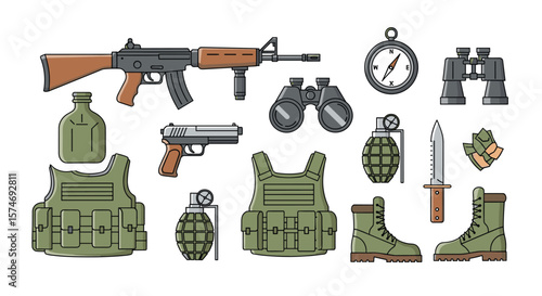 Collection of military gear and survival equipment for combat and exploration including firearms body armor and navigation tools