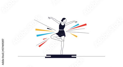 Elegant dancer performs graceful pose with explosive colorful streaks demonstrating movement and energy