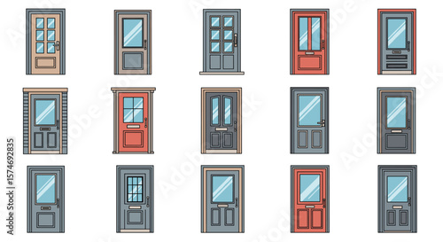Collection of various modern and traditional entrance doors with different designs and materials