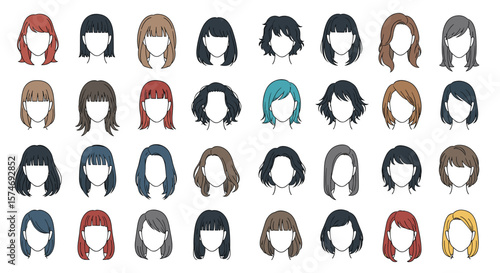 Collection of diverse female hairstyles featuring various colors and styles showcasing different trends