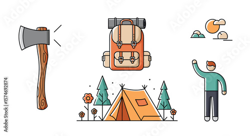 Outdoor adventure camping essentials backpack axe tent person sun clouds trees flowers