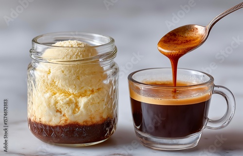 Afogato Coffee with ice cream in a glass jar and spoon.